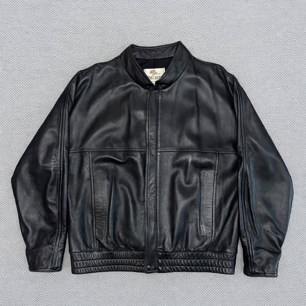 H&H Leather Zip Bomber Jacket Black Men's Size 46 Vintage 1980s